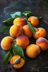 fresh ripe apricots with leaves