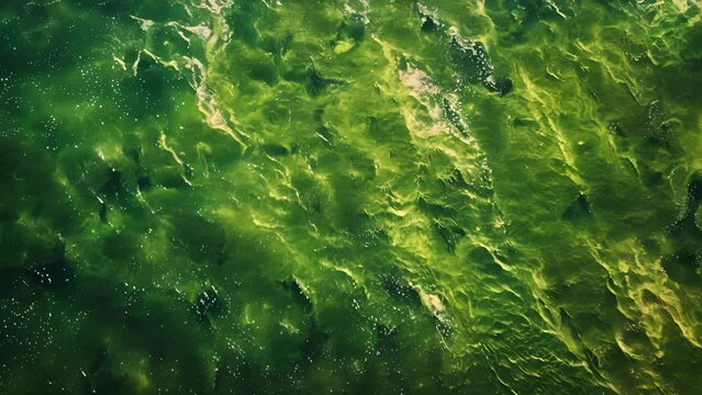 An aerial view of a vast green sea filled with tiny green specks tered throughout. These tiny specks are microalgae the potential tiny titans of energy that could revolutionize the .