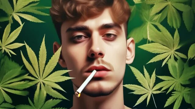man marijuana smoker, drug addiction concept, cannabis leaf plant, Generative AI,