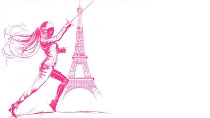 Fototapeta na wymiar Pink illustration of female fencer holding a sword by eiffel tower