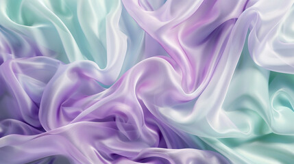A fluid abstract texture resembling a delicate silk fabric in soft pastel shades of lavender and mint, draped gracefully.
