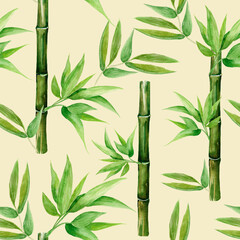 Bamboo branches pattern seamless watercolor, green and light green stems and leaves on a beige background, minimalistic natural texture, East Asian style, print for fabric, paper, interior decor