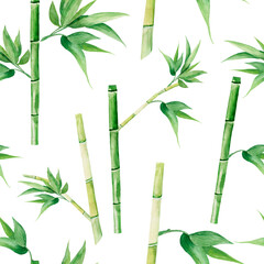 Bamboo branches form a seamless watercolor pattern, green and light green stems and leaves on a white background, minimalistic natural texture, East Asian style, print on fabric, paper, interior decor