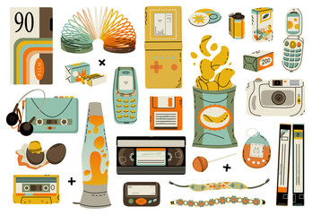 Set of y2k items in modern flat style. Culture and attributes of the 90s and 00s. Toys, food, youth, nostalgia. Consumption culture. Vector illustration isolated on a color background.
