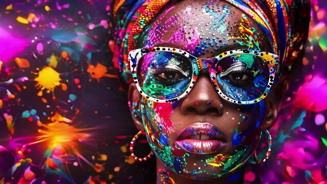 In this captivating AfroPop portrait the subject is adorned with vibrant pop art paint splatters and adorned with symbolic Afrocentric patterns. The overall effect is a celebration .
