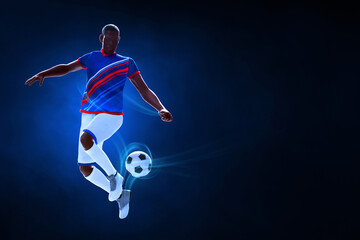 3d illustration young professional soccer player freestyle jumping on dark blue background