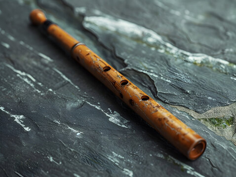 A wooden flute is sitting on a stone surface. The flute is long and slender, with a black and white design. The stone surface is rough and uneven, giving the scene a rustic and natural feel