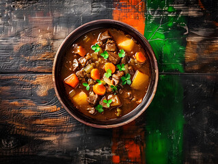 A bowl of stew with meat and carrots. The stew is brown and has a rich, hearty flavor. The carrots are sliced and scattered throughout the stew, adding a pop of color and a hint of sweetness - Powered by Adobe