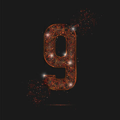 Abstract isolated orange image of a number nine. Polygonal illustration looks like stars in the blask night sky in spase or flying glass shards. Digital design for website, web, internet.