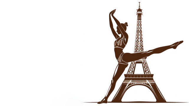 Brown paint of olympic gymnastics woman in artistic move at eiffel tower