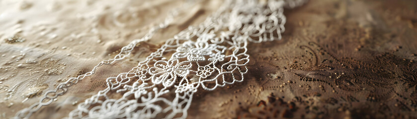 A lace design is shown on a wooden surface. The lace is white and has a floral pattern. Concept of elegance and sophistication, as lace is often associated with formal wear and special occasions