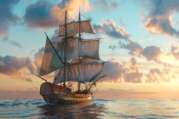 A classic sailboat on a calm ocean. - obrazy, fototapety, plakaty
