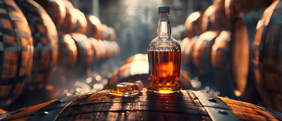 A bottle of liquor is on a wooden table next to a glass. The bottle is full and the glass is half full. The image has a warm and inviting mood, with the bottle - obrazy, fototapety, plakaty