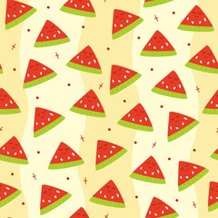 Seamless pattern of hand draw watermelon fruit with kawaii eyes on yellow background.Summer green,red, pink fruit backdrop. Vector illustration in flat doodle cartoon style. Cute simple design.