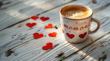Greeting card with the inscription Good morning. Cup of coffee on a white wooden table. Greeting card with the inscription Good morning. A Cup of coffee with red hearts on a white wooden table