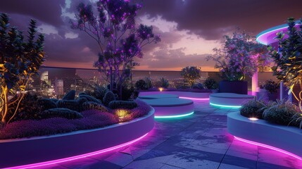 Rooftop neon garden with glowing plants and relaxation areas - obrazy, fototapety, plakaty