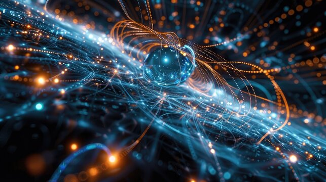 Quantum computing visualization with entangled particles and deep space elements