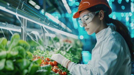 Female engineer working in the vegetable factory and digital technology concept. 