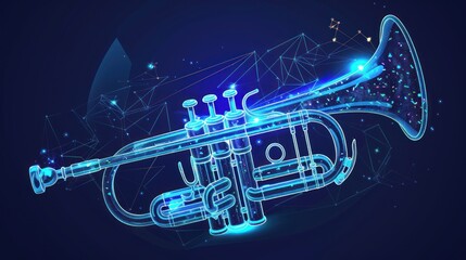Trumpet cornet, wind musical instrument, from futuristic polygonal blue lines and glowing stars for banner, poster, greeting card. AI generated