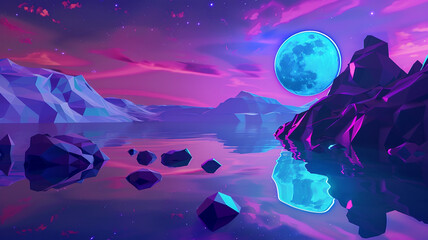 A serene low poly lake under a neon moon, reflecting the quiet strength of secure communications