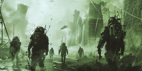 Soldiers patrol a city destroyed by nuclear war - 793545988