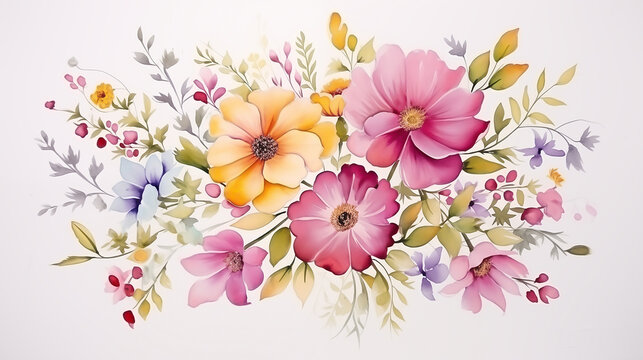 handdrawn painting of cute and beautiful flowers on white background