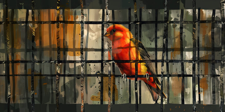 Caged Bird: The Confined Bird and Longing for Freedom - Visualize a bird in a cage, symbolizing the confinement and longing for freedom experienced by animals in a lab