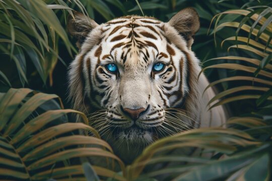 A white tiger is prowling in the forest with blue eyes.