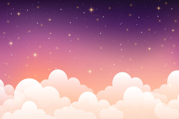 Pink cloudy sky background. Pastel fantasy purple sunset. Abstract dreamy magic vector wallpaper with soft light. Fairy heaven morning illustration with gradient texture with cute stars.