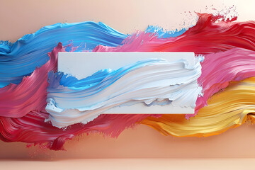 Blank mockup product on multi-coloured acrylic paint brush stoke texture splash background