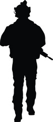 Silhouette of full armor soldier. Military men wearing uniform illustration. Army pose using riffle weapon