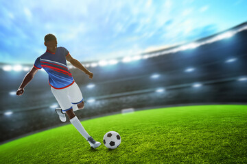 3d illustration young professional soccer player kicking ball in the stadium field with blue sky