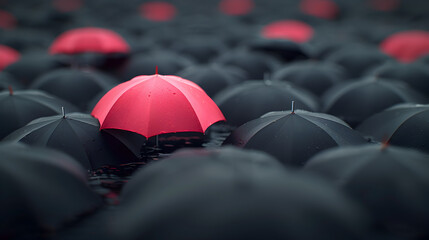A black umbrella with a red one in the middle. The black umbrellas are all over the image