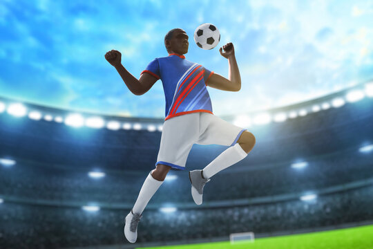 3d illustration young professional soccer player jumping in the stadium field with blue sky