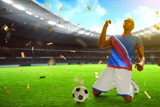 3d illustration young professional soccer player celebration in the stadium field with blue sky