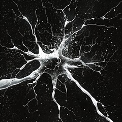 A black and white image of a brain with white splatters all over it - obrazy, fototapety, plakaty