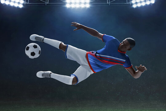 3d illustration young professional soccer player kicking ball in empty stadium field at night