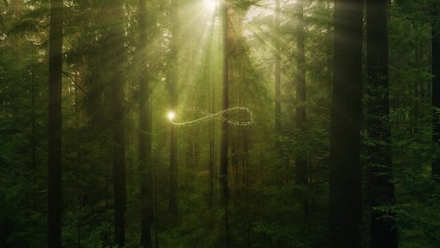 Golden infinity symbol animation inside magical forest with sun rays.