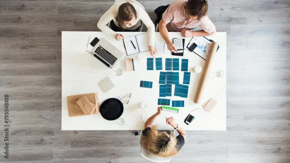 Poster timelapse, business people and creative planning in workplace with collaboration, paperwork and tech