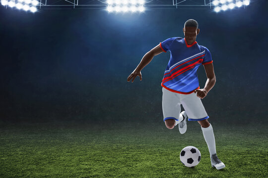 3d illustration young professional soccer player running dribbling in empty stadium at night