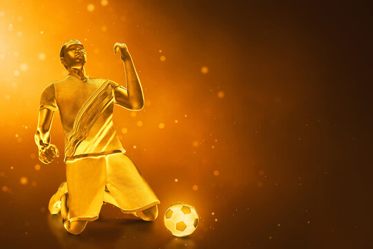 3d illustration glowing shiny golden young professional soccer player celebration on dark background