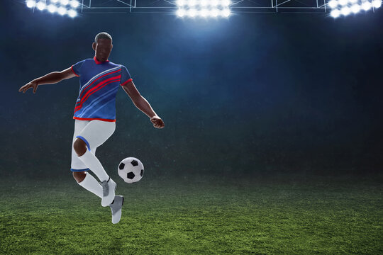 3d illustration young professional soccer player freestyle jumping in empty stadium field at night