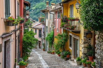 A charming Italian village with narrow cobblestone streets and colorful houses