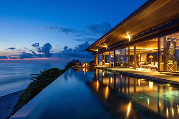 Dramatic evening shot of a luxury beach house with ambient lighting, reflecting on a pool that extends towards the ocean.