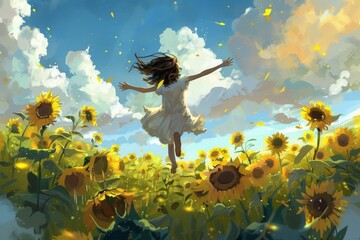 A cheerful young girl runs through a field of sunflowers with her arms outstretched. - obrazy, fototapety, plakaty