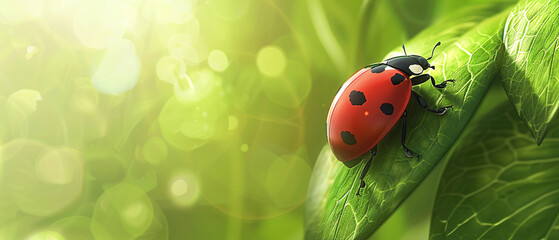 Vector 3D close-up of a ladybug on a leaf, detailed spots and textures, nature theme