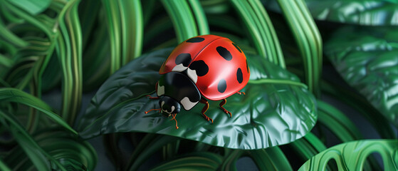 Vector 3D close-up of a ladybug on a leaf, detailed spots and textures, nature theme