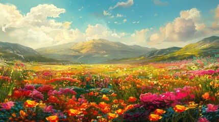 Fototapeta premium Experience the symphony of colors in a picturesque flower landscape, where the vibrant palette of nature's paintbrush unfolds in a stunning visual feast for the senses.