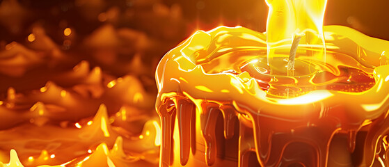 Vector 3D close-up of a flaming candle wick, glowing flame and melting wax