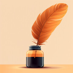 Vector 3D close-up of a feather quill in ink pot, historical writing concept